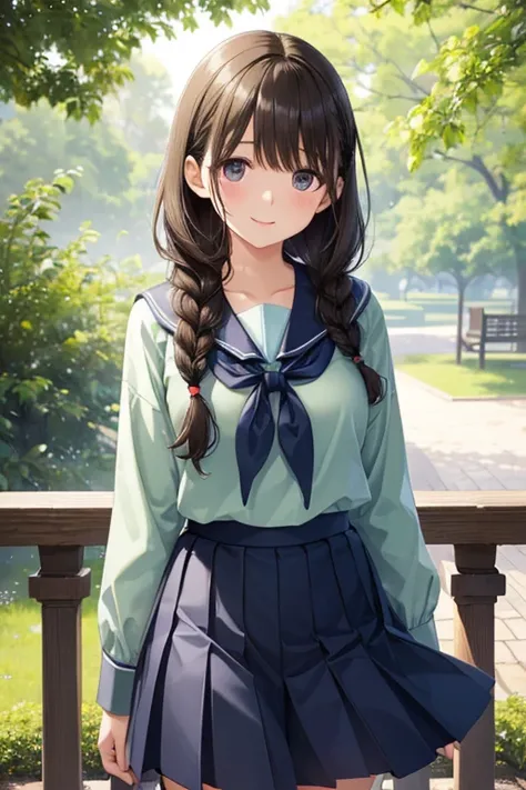  shiny brown hair with closed eyelids, long hair, 、((Two braids:1.5、 hair hanging over shoulders )),beautiful茶色の目、Sparkling Eyes, fine grain、smile、 ultra-detailed eyes sandwiched between columns、  has a very detailed face ,  very detailed eyes, cowboy shoo...