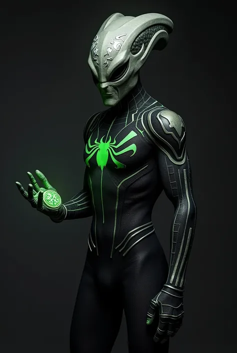 Grey Matter, Ben 10 Alien, wearing spider man suit, wearing omnitrix watch in hand, using omnitrix, black suit, new suit, high resolution, best quality, highly detailed, realistic, masterpiece, indian, indian dress, detailed, indian symbols on mask, realis...