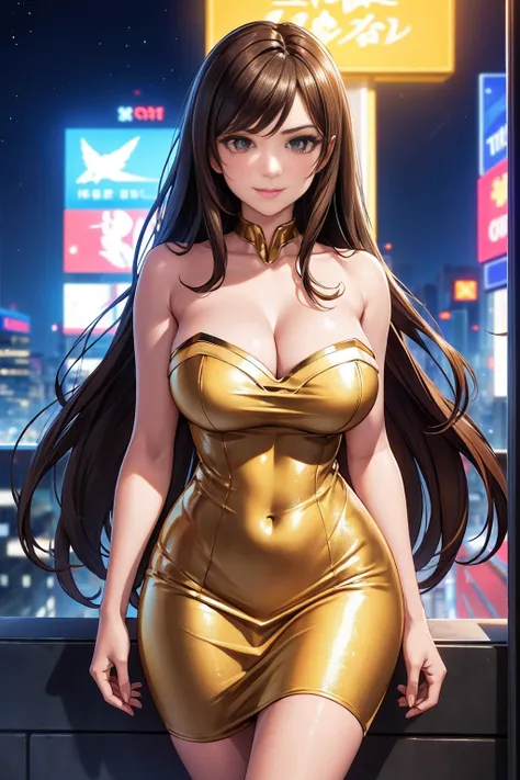 Straight Hair、brown Hair,((Highly detailed golden sexy strapless bodycon dress)) , (beautiful girl: 1.3),1girl,Highest quality,8k,Highly detailed CG unit wallpaper,masterpiece:1.2,Highest quality,Ultra-high resolution,RAW Photos,Realistic textured skin,Cin...