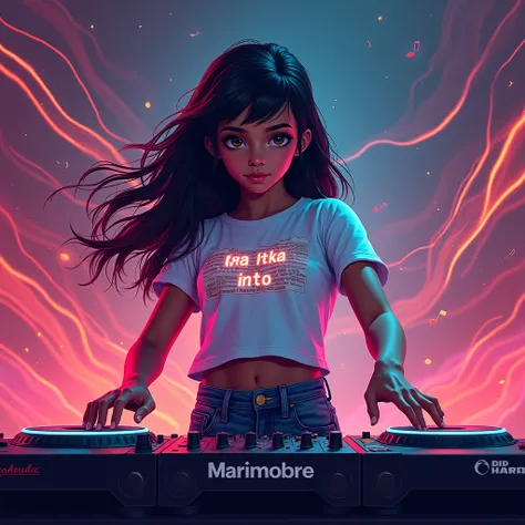 Digital artwork, concept art, a american girl with ONMUSIC WAVE text on her chest, standing as DJ  long exposure