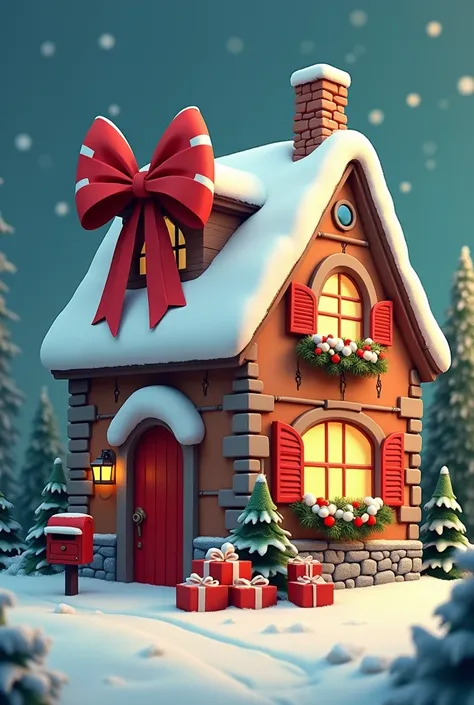 Create a house for me, which is the house of Santa Clauss postman. Gift boxes slide from the right window of that house to the left window. The house has Christmas decorations, it has a big ribbon on the roof. In front of the house there is a mailbox for l...