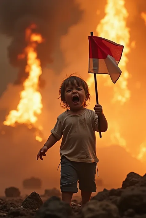 Photoshot of tiny toddler with torn shirt"   while crying and holding a red and white banner standing in the middle" flames and thick smoke 