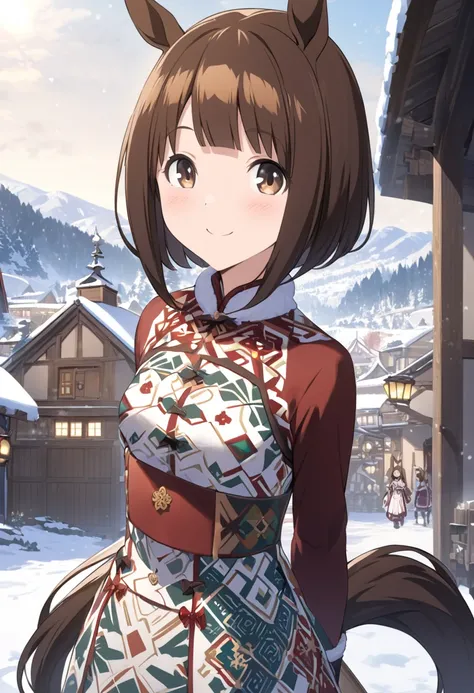  best quality、Horse Girl、Yukinobidin 、round face、細身の体、 small breasts、 horse ears and tail 、 short bob、 Brown Hair、Brown eyes、 white snow-patterned costume、smile、Village with a snowy landscape 
