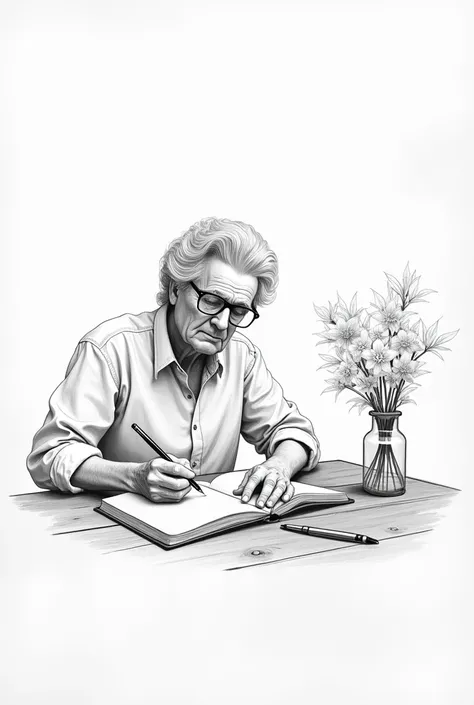 notebook, pen, glasses and flowers on wooden table, a detailed drawing senior artist, minimalism, writing on a clipboard, clean white paper background, writing in journal