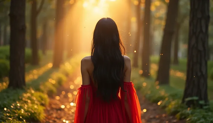 A beautiful enchanted forest full of fantasy colors in the distance, a beautiful woman with a mysterious Latin-like profile with thin black hair, long with a red dress and small golden sparkles falling around her in a mystical environment of the Andes., Gl...