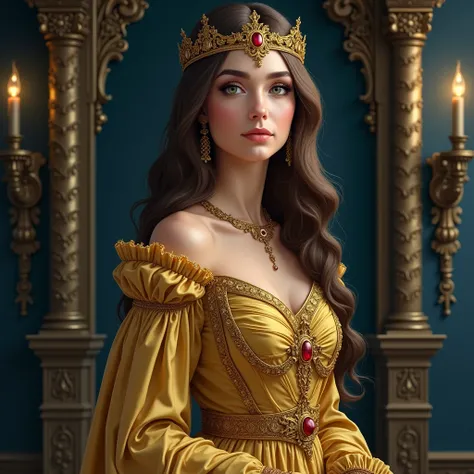 ( masterpiece), ( Best Quality : 1.1) ( ultra detailed )  illustration style , ( portrait: 1.1)  On a dark blue wall of an elegant and period castle RENAISSANCE , POSING STANDING SIDEWAYS WITH AN AIR OF SELF-CENTERED GRANDEUR AND SUPERIORITY ,  In her eyes...