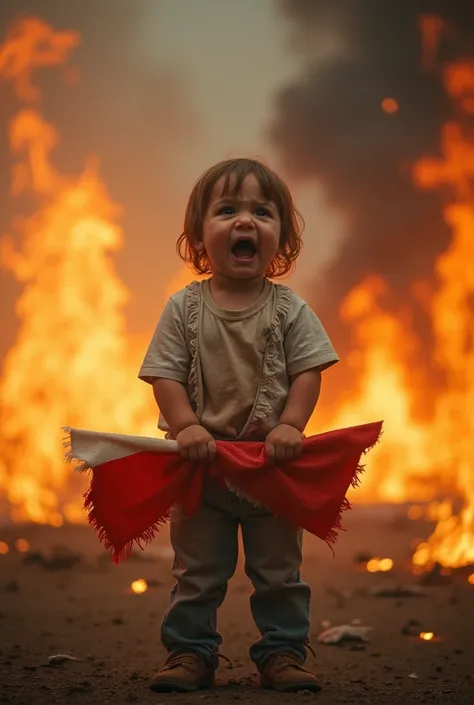 Photoshot of tiny toddler with torn shirt"   while crying and holding a red and white banner standing in the middle" flames and thick smoke 