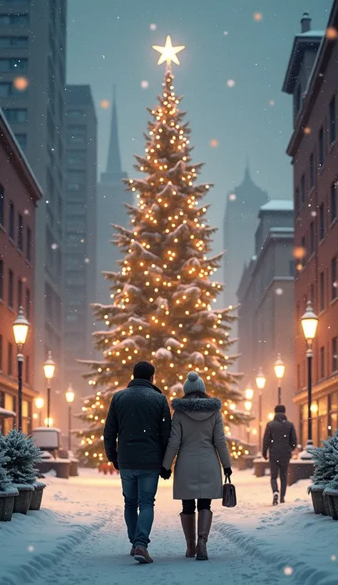 Snowy cityscape: A scene in which a couple walks hand in hand in a snowy city. A Christmas tree and illuminations shine in the background.