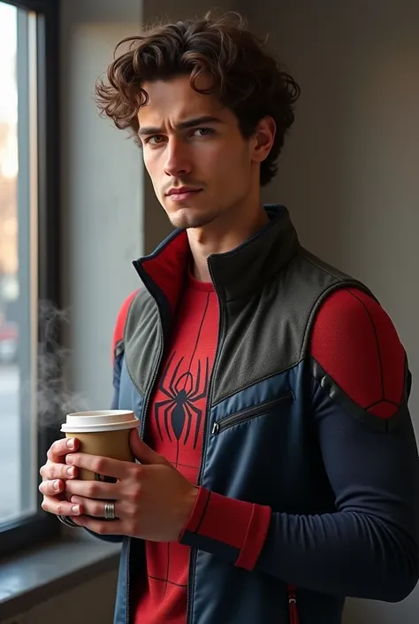 peter parker,  holding a cup of coffee,  curly hair,  full body ,  looking in front of the camera, Ultra realistic style 