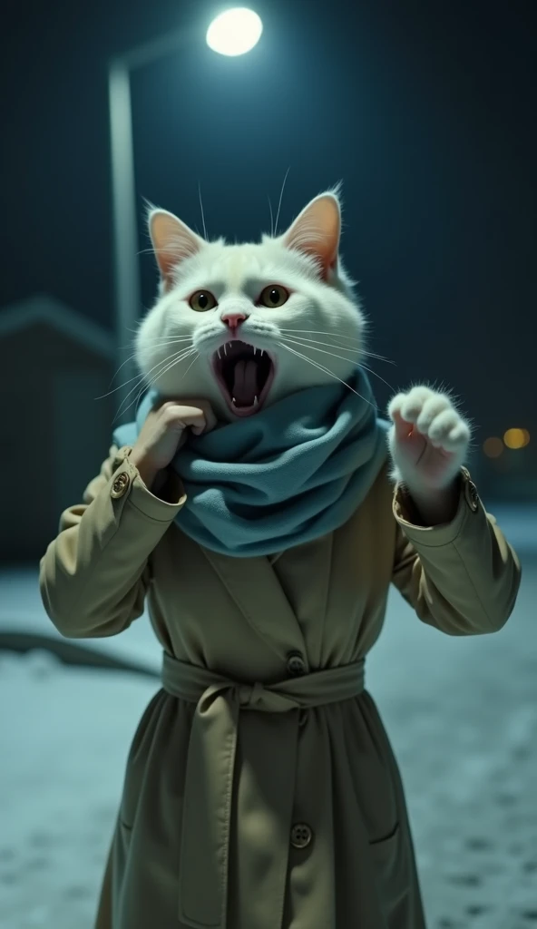 

"The white mother cat stands frozen in shock under the cover of night, her eyes wide with disbelief and her mouth fully open in a silent gasp. One hand is raised to her face, hovering near her cheek, while her fur is slightly puffed up from the intensity...