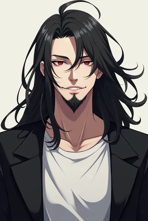 Man with long black hair and medium beard with red eyes wearing a white t-shirt and black overcoat and with a serious smile with a mischievous smile.  anime style 