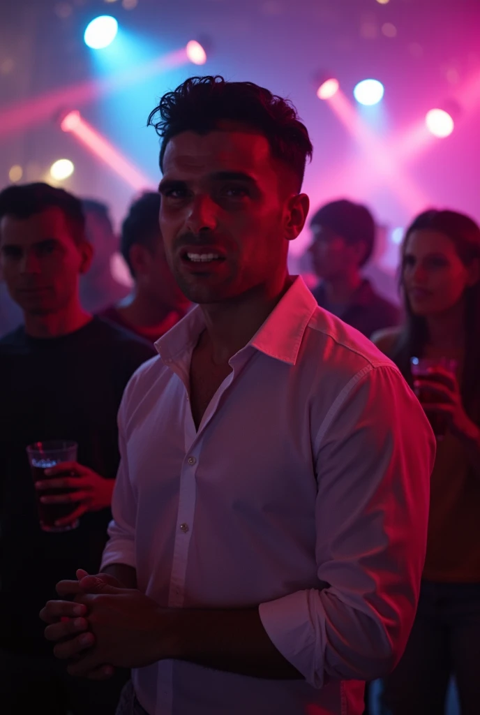 At a techno party .  The camera focuses on me from the front .  there are different people and they all drink and dance . I am a man and I am well dressed in a white blouse and a black shirt. 