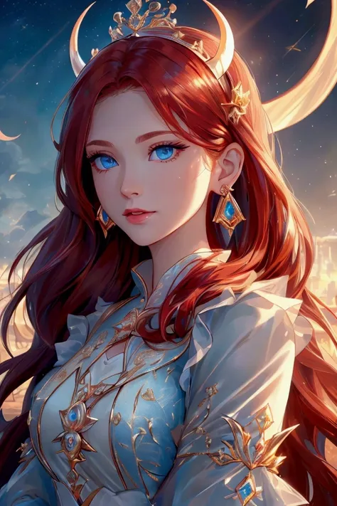  high definition ,  masterpieces , qualityที่ดีที่สุด,  detail ,  detail สูง, โมเดล high definition , quality, My hair is very long.,  Crescent Moon Earrings,  blue eyes ,  Redhead, Wide angle view, Aperture F2.8, crown, Devil Mountain,  flickering light ,...