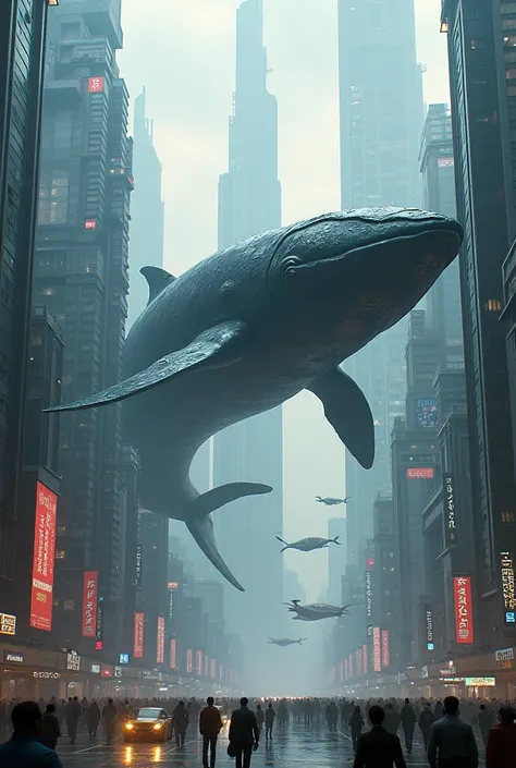 futuristic dystopian advance city with flying whale, sci-fi effects, extremely realistic, cinematic 4k 