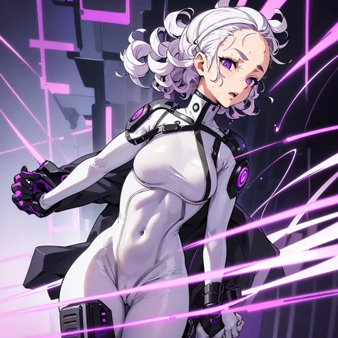 (((Solo)))、 best quality,  Best Quality、 Full Body Character Concept 、( purple eyes)、(((White Hair, short hair、Curly Hair、 stick out your forehead)))、SF、future、((( cyberpunk )))、((( white bodysuit that fits the skin )))、woman、18 years old、(Irritated、sweat、...