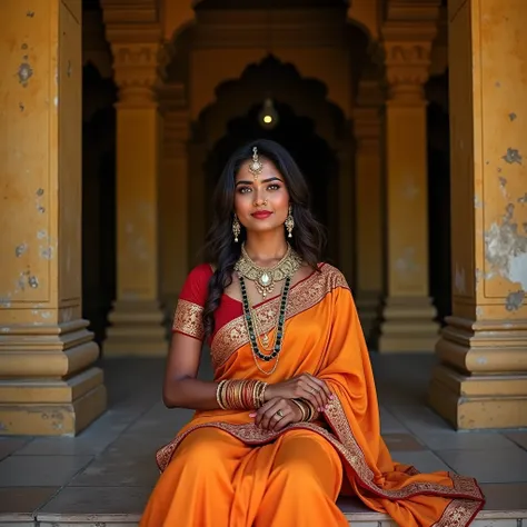  , the most beautiful woman ever , indian , thick , dark skin , 35 year old   , light green eyes , divine beauty  . posing , posing in hindu bautiful  temple , wearing beautiful  saree and blouse , bride , supermodel , full body pose , ancient rich  cultur...