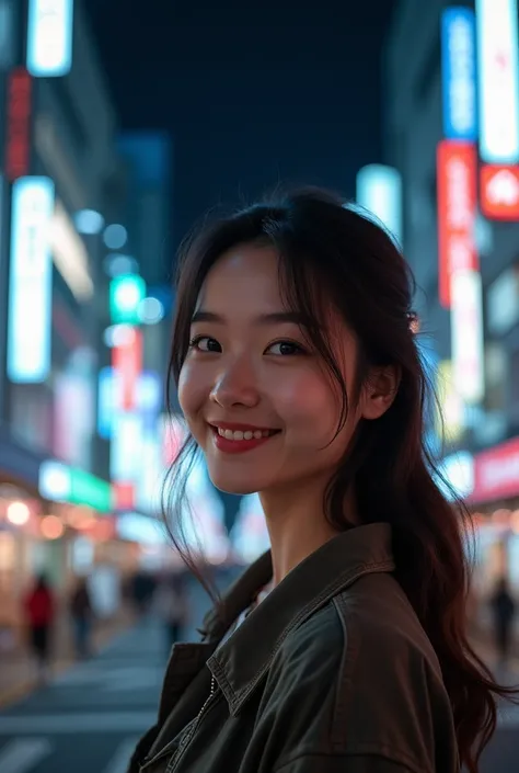 1girl , night tokyo, city landscape,upper body,close up,smile (8k, RAW photo, realistic)