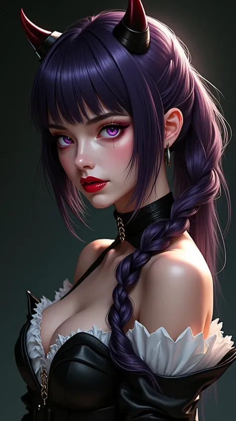  Create the image of a female character ,  she wears a white and black dress ,  she has purple hair tied in a ponytail ,  she has purple eyes she has red lipstick on her mouth,She has two horns coming out of her head .