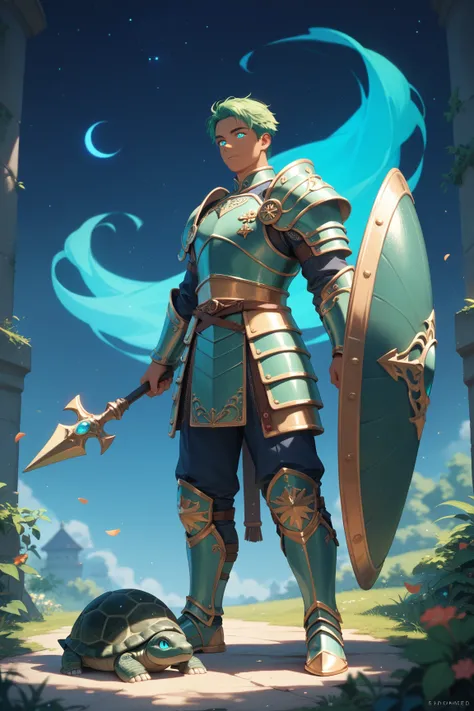 human form, adult male,  blue green hair, chinese black tortoise, tan skin, blue green knight armor, no helmet, holding large shield only, blue green glowing eyes, night time, zoomed out, full body