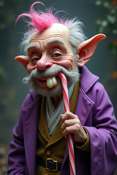 Pink old man with big head and candy cane and purple robe and a tooth in his mouth 