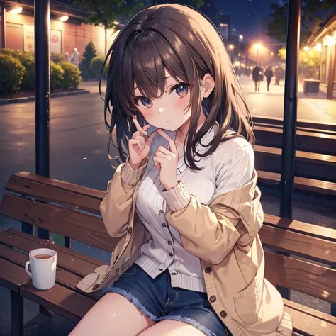 ( table top naked underneath the jacket), (  best quality ), ( super detailed),  1 girl,  sexy pose , , (( open casual cardigan at the park one night:1.2)),  happy ,  in, Big Hair,  brown hair, wood々公園in,bench, shy , is sitting on the ground, ((一人in)) ,anx...