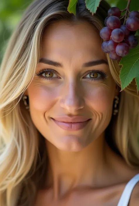  a woman aged 30 to 40 years beautiful skin light brown eyes ,blonde straight hair ,I want a photo focused on the face completely facing the camera  , a light smile looking at the camera photo for profile picture in a natural environment,a grape cluster in...