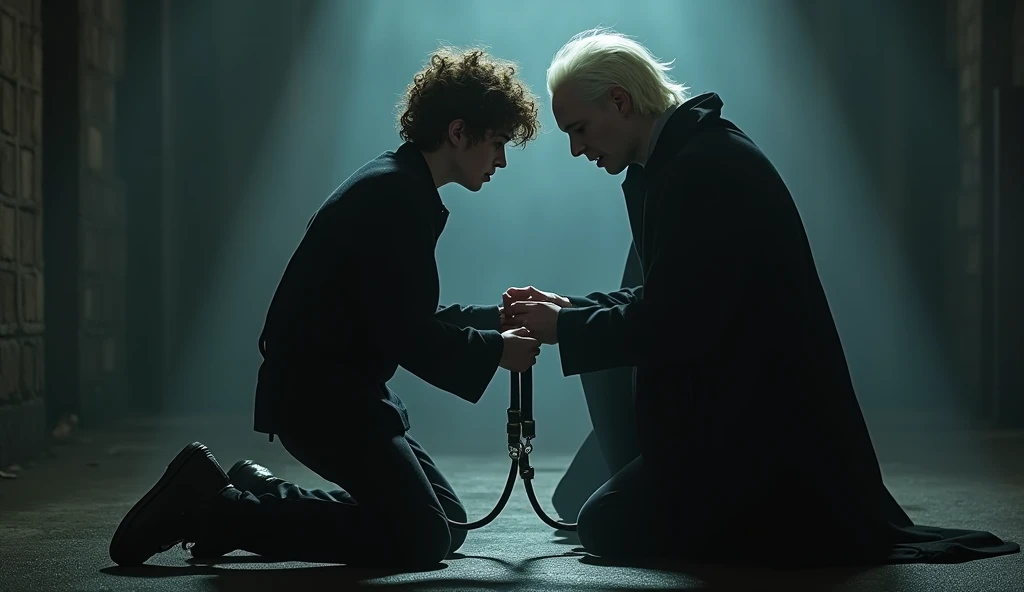 Teenaged Draco Malfoy standing angrily,  curly brown haired Harry Potter kneeling with a leash around his neck