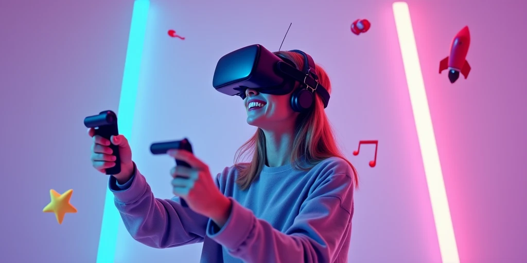 A futuristic scene featuring a joyful young woman wearing a virtual reality headset, holding VR controllers in both hands. Neon light streams in vivid blue and pink hues wrap around her, creating a dynamic energy. Scattered 3D icons like a yellow star, a r...