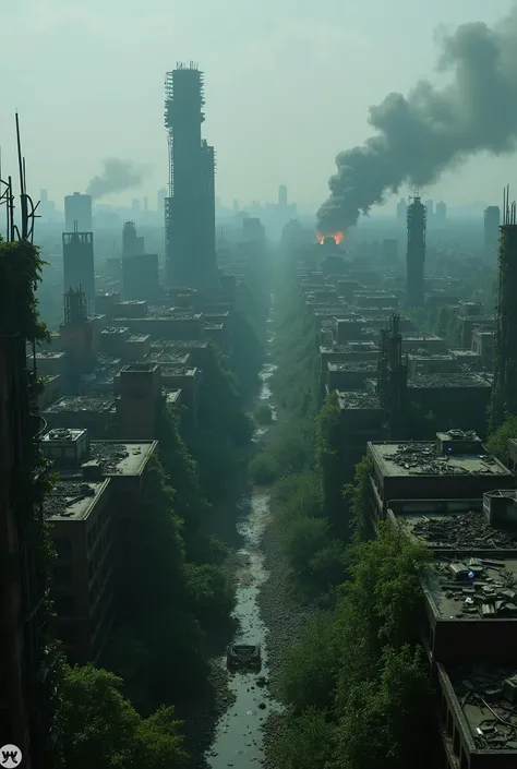 Ultra Realistic, HD. The dystopian landscape is filled with twisted mangled metal, damaged roofs and crumbling skyscrapers, cataclysmic damage and carnage, remnants of a society that once thrived now decimated in utter destruction. The air is thick with as...