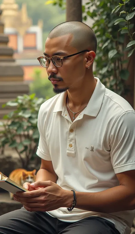  made up of a young man, 30 years old ,, reading, and on the top is the name Buddha. ,glabrous,I&#39;m a skinhead.,Put on round glasses ,Thin lips,Has a thin mustache, wearing a white polo shirt, ,On the side is 1 cat , on the back is a Thai temple , measu...