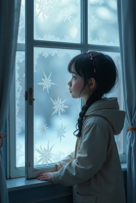  An  girl with bright eyes is standing next to a window,her nose is stuck to the cold glass and her expression is that of Anelo 