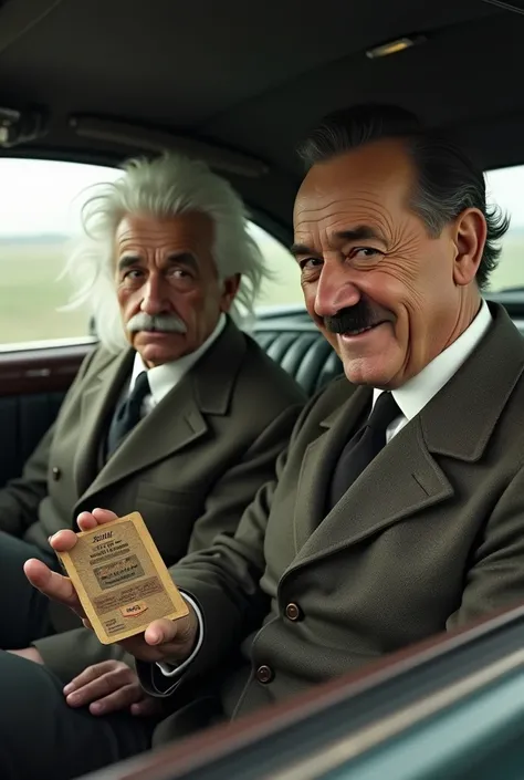 Draw Albert Einstein and Adolf Hitler in a car.
But Adolf Hitler must be smiling, showing a Brazilian work license.