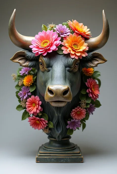 Bust of a bull with flowers instead of eyes
