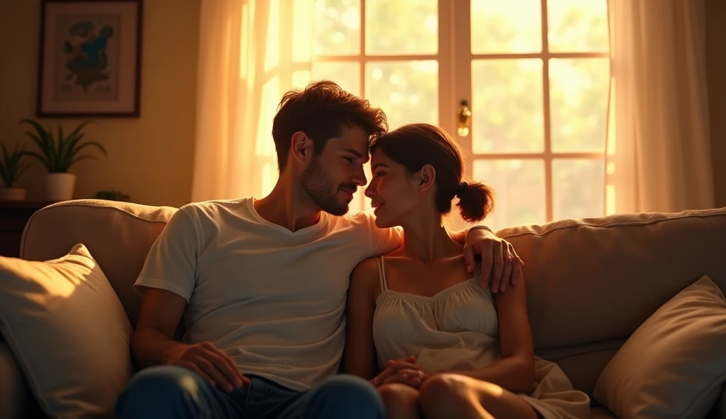 "A peaceful indoor scene with sunlight pouring through a window, illuminating a small, cozy living room. The couple, a man in his early 30s with short, dark hair, and a woman in her late 20s with medium brown skin and bright blue eyes, sit together on the ...