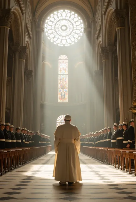 A majestic, grand cathedral with towering arches and intricate stained-glass windows casting colorful light onto the marble floor. The Pope, dressed in a flowing white robe with a golden staff, stands at the altar, surrounded by faint rays of divine light....