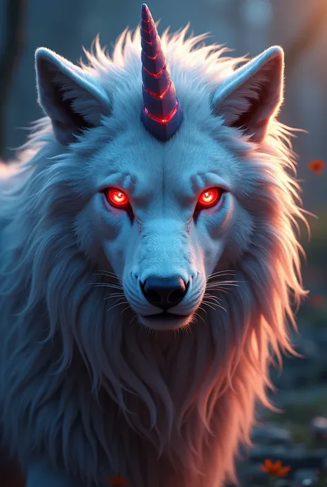 Chimerical beast
RPG Monster
Fusion between a wolf and a lion 
Wolf with a lions mane 
Completely red eyes 
A single horn on your head like that of a unicorn 
Horn Made of slightly blue crystal
Silver hair 
Mane in the color of bronze shimmering like magic...