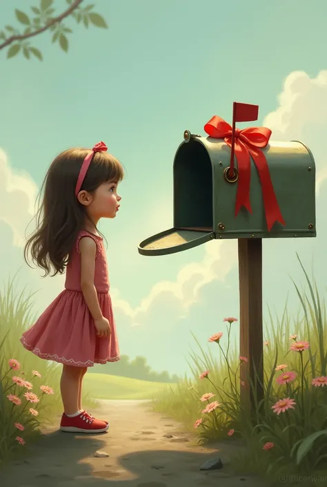  Girl approaches the mailbox decorated with a red ribbon, when she opens it she realizes that it is empty ,What causes her sadness  