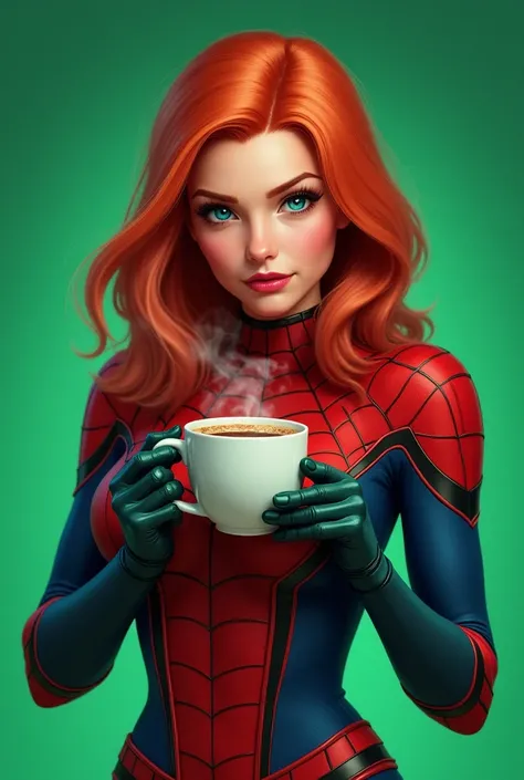 Gwen Stacy, wearing the hero&#39;s costume,  holding a cup of coffee,  red hair ,  full body ,  looking in front of the camera,  green background 