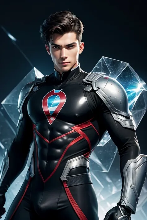 Half body focus photorealistic handsome hunky fractal masculine Teen titans Robin.. wearing a black onyx transparent crystal chrome glass super suit , look at camera, detailed face parts,, studio as background, Freestyle Pose, Happy Expression, perfect ana...