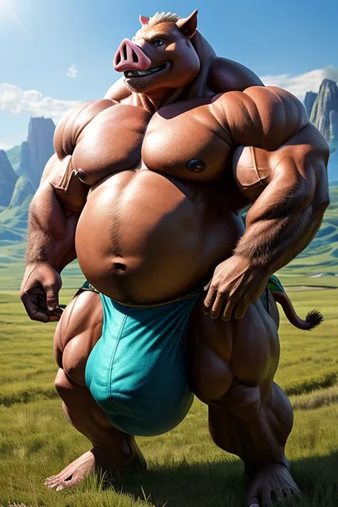 Shirtless fat male pig beast man。Huge belly。 huge muscles。 loincloth。( huge bulge :1.5)。grassland。 Details。Precise depiction。 highest resolution。Maximum number of pixels。 Best Picture Quality 。 hyperreal 。 Photorealistic 。
