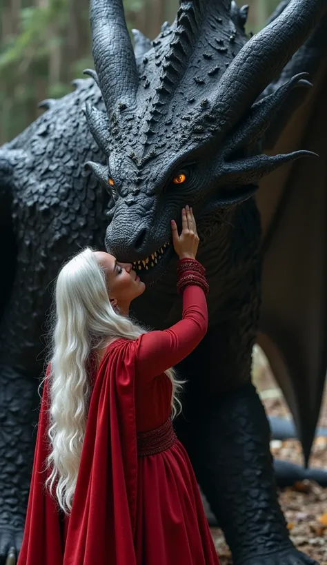 photo cinématographique . Une belle femme noire américaine reine avec de longs, aux cheveux blancs flottants, vêtue dune robe rouge Targaryen  et caressant amoureusement la tête dun dragon noire géant et majestueux orné de scintillements, écailles irisées,...