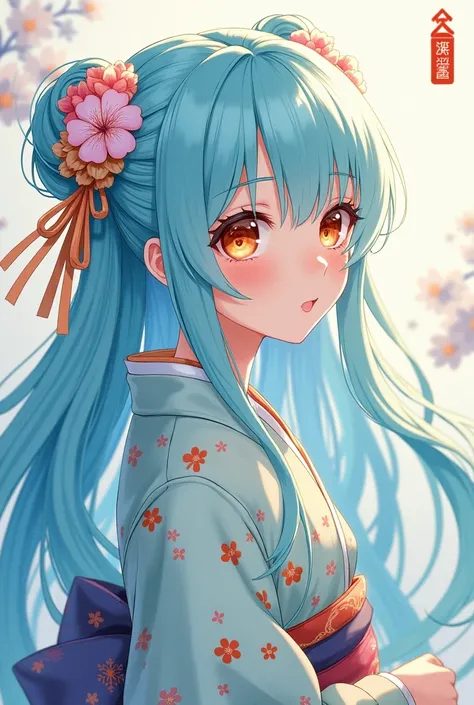  light blue hair 、long hair、reD kimono、DesestructuraDo、beautiful, DelicaDo anD DetaileD orange eyes、beautiful smile with attention to Detail、profile、Giro De vuelta、;D、beautiful, DelicaDo, fluiDo,  fluffy hair 、beautiful DelicaDo anD DetaileD hanDs、very Del...