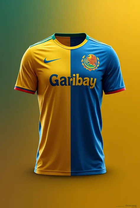 Playera de las Águilas del América Mexican soccer team yellow and blue with the surname GARIBAY and a golden eagle on the back 
