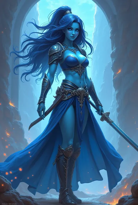 Blue Skin Beauty 、Magic Warrior、 Animation、Sword、 Tall、High image quality、woman