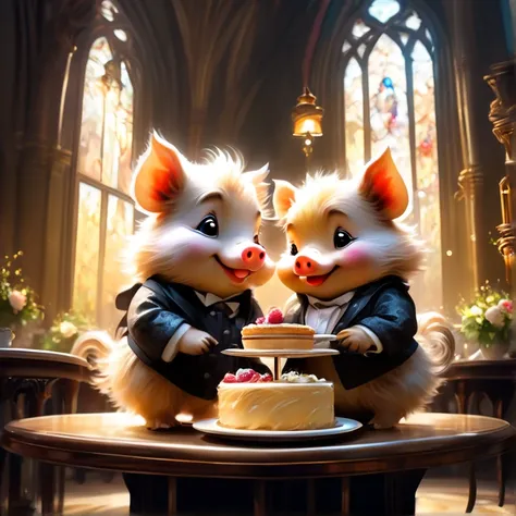 A couple of personified wild boars, so cute，Smile， dining table ， cake，Black tea，Afternoon Tea，
Minuet, fluffy fur ,masterpiece, rich colors, best quality, Official Art, fantasy standing in a church, restaurant ， so cute,happiness, Nice background ,Stylish...