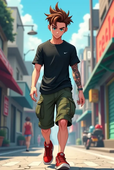 Anime, 3d anime, male 25 years old, cool hair, brown hair, piercing, annoying face, tattoo on left hand, wear black t-shirt, army short, wear red nike shoes, walking pose, city background, full body picture, main character