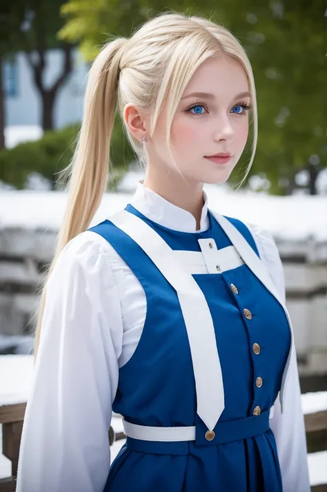 Beautiful woman, 18 years, Estonia 🇪🇪, blonde, dressed in traditional clothing white blue black,pigtail