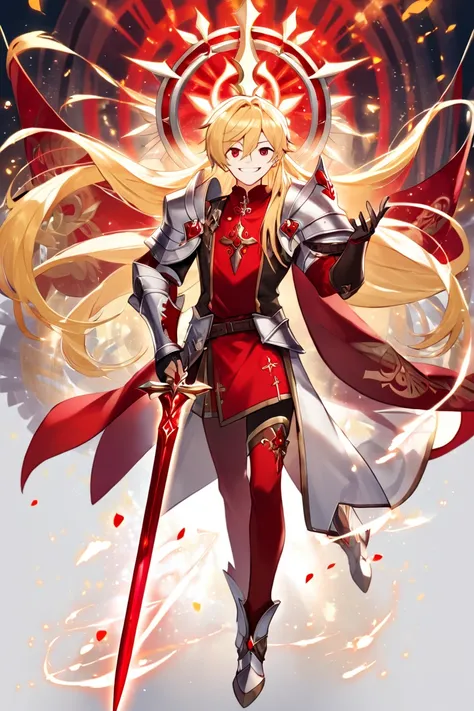 One boy, red ruby eye, beautiful face , blonde long hair, silver knight heavy armor, paladin.  sacred oath, smiling, cheerful, full half body