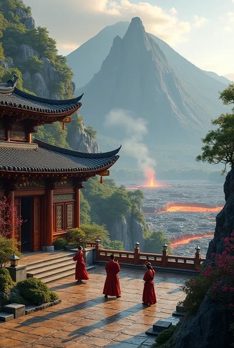 A monastery near a volcano with geysers ,  patio for martial arts training and a lava lake