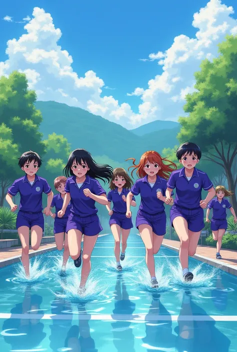 Group of classmates running wearing in color violet towards pool, landscape. More than 20 person, 10 boys 10 girls. Anime
